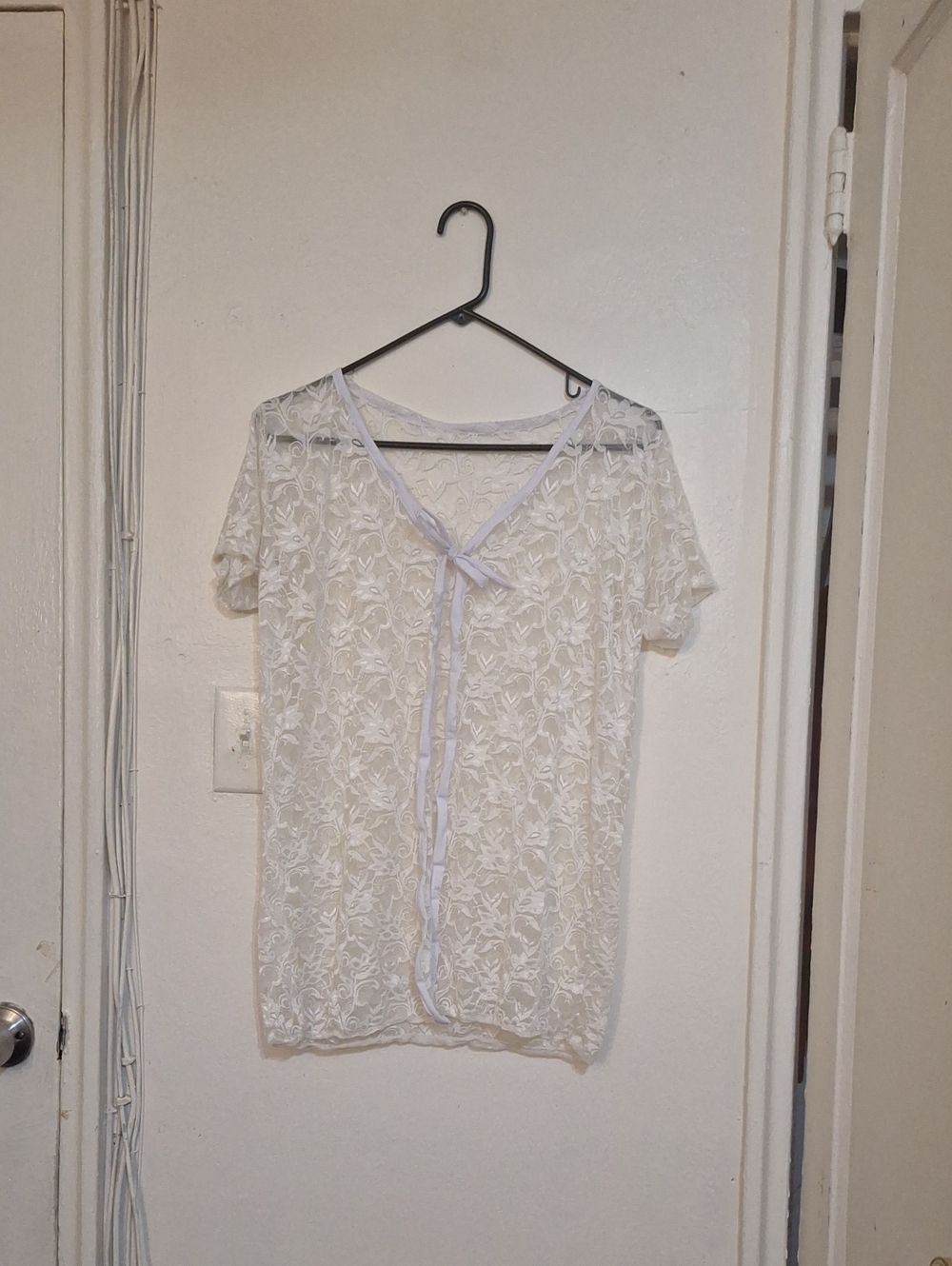 Women's White Lace Short Sleeve Top with Tie Front